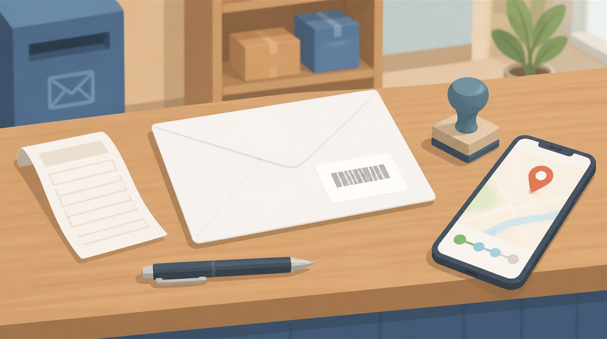 郵便局の窓口のカウンターに置かれた封筒と受領証、ペン、スタンプ、追跡画面のスマホのイラスト（特定記録郵便の出し方のイメージ）