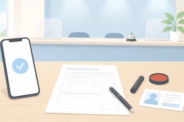 スマホのチェックマーク、申込書とペン、印鑑、本人確認書類が並ぶ机と窓口のイラスト（ゆうちょ銀行の口座開設のイメージ）